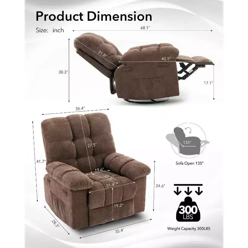 Fauteuil inclinable à bascule, fauteuil planeur pivotant rembourré avec assise profonde et poches latérales pour salon ou chambre à coucher