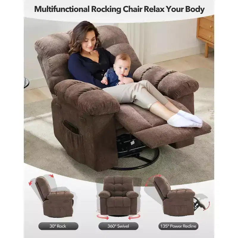 Fauteuil inclinable à bascule, fauteuil planeur pivotant rembourré avec assise profonde et poches latérales pour salon ou chambre à coucher