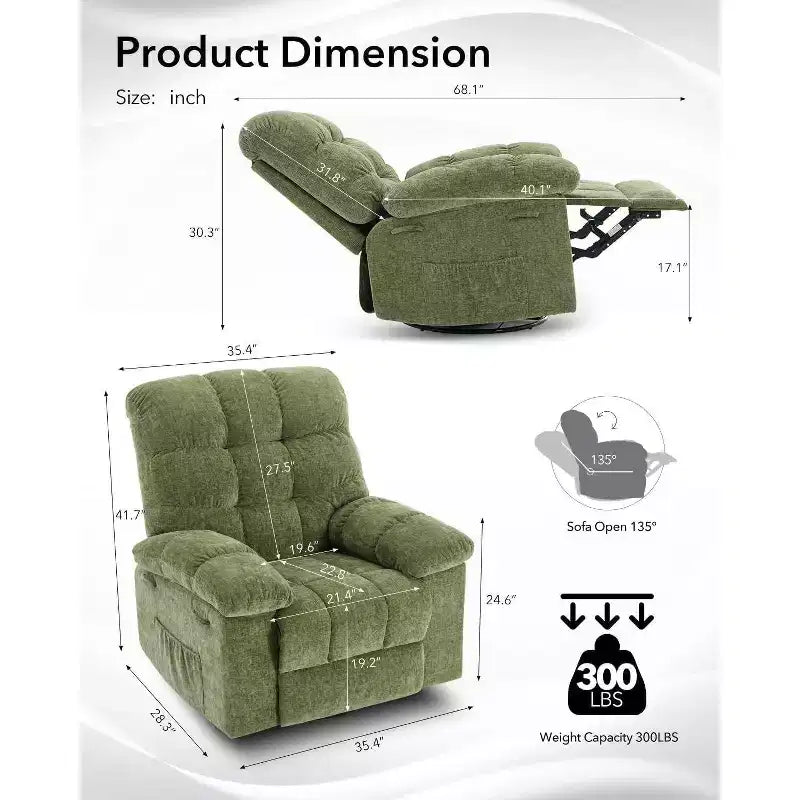 Fauteuil inclinable à bascule, fauteuil planeur pivotant rembourré avec assise profonde et poches latérales pour salon ou chambre à coucher
