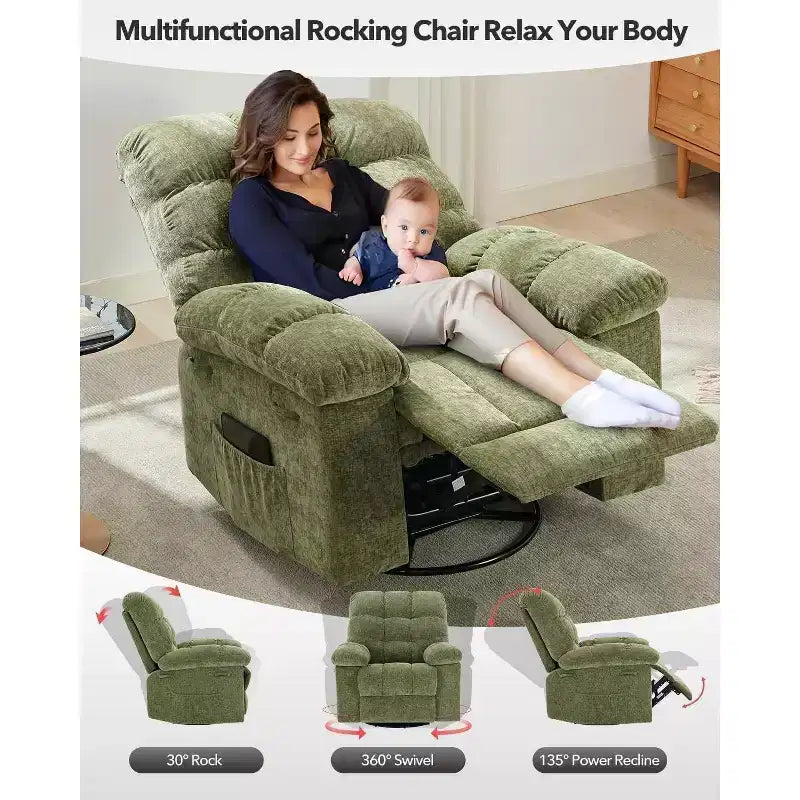 Fauteuil inclinable à bascule, fauteuil planeur pivotant rembourré avec assise profonde et poches latérales pour salon ou chambre à coucher