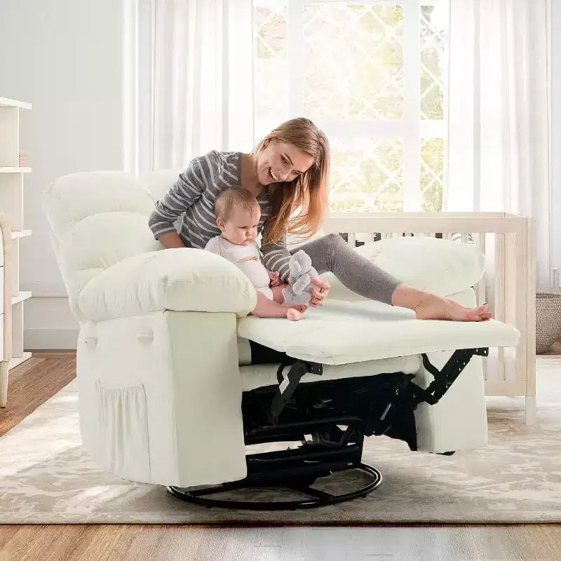 Fauteuil inclinable à bascule, fauteuil planeur pivotant rembourré avec assise profonde et poches latérales pour salon ou chambre à coucher
