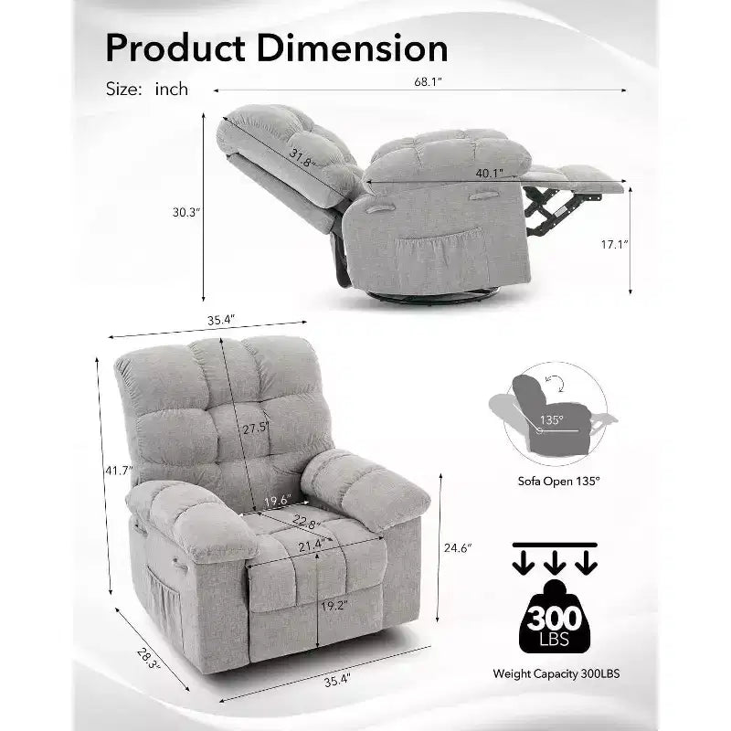 Fauteuil inclinable à bascule, fauteuil planeur pivotant rembourré avec assise profonde et poches latérales pour salon ou chambre à coucher