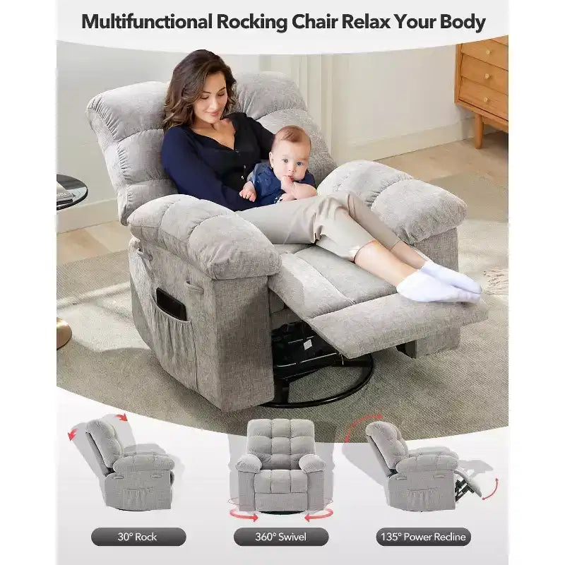 Fauteuil inclinable à bascule, fauteuil planeur pivotant rembourré avec assise profonde et poches latérales pour salon ou chambre à coucher