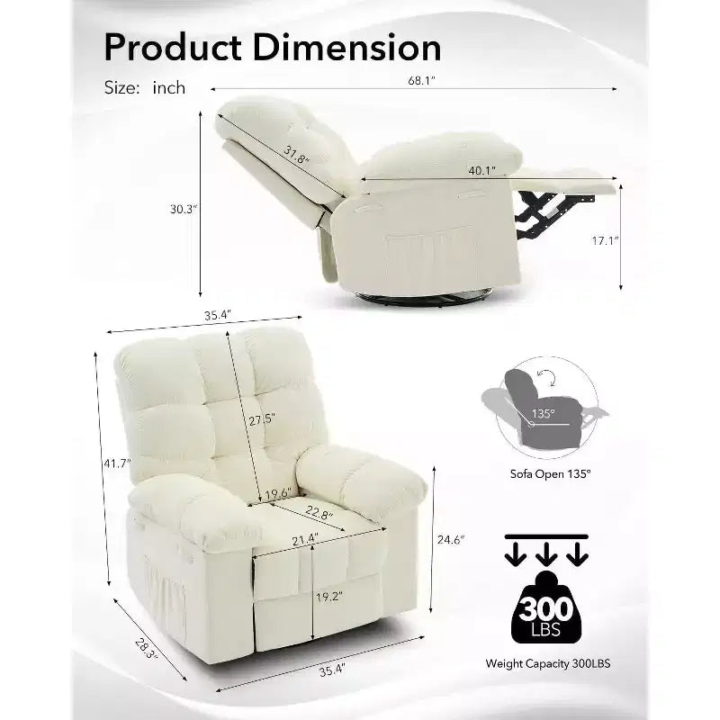 Fauteuil inclinable à bascule, fauteuil planeur pivotant rembourré avec assise profonde et poches latérales pour salon ou chambre à coucher