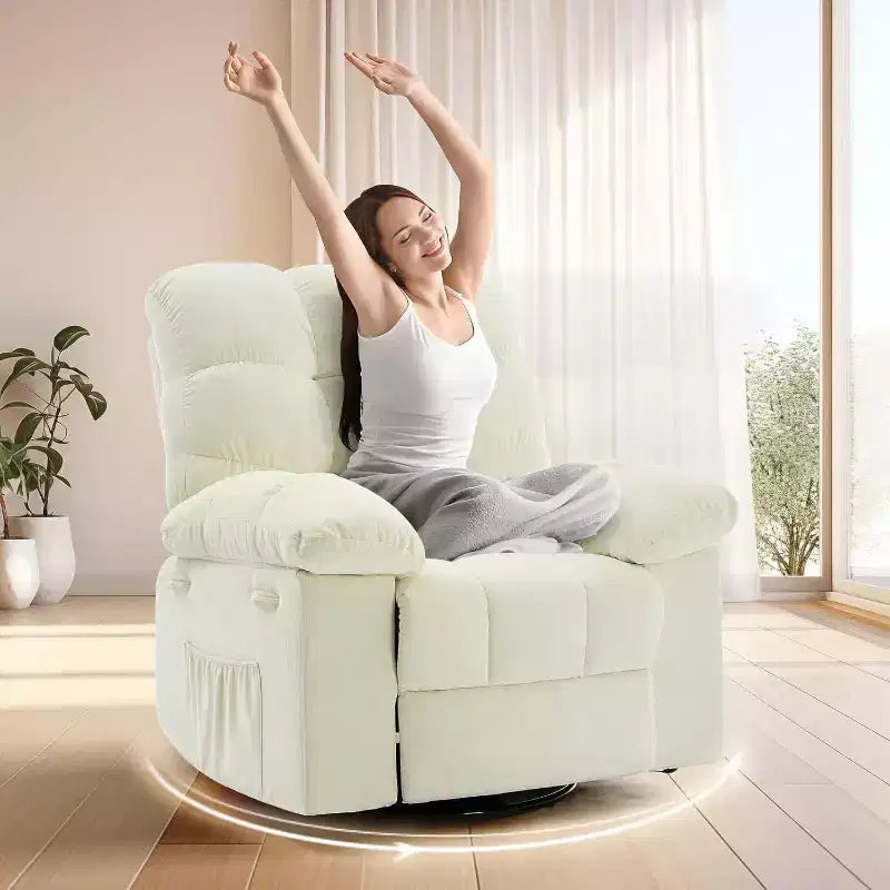 Fauteuil inclinable à bascule, fauteuil planeur pivotant rembourré avec assise profonde et poches latérales pour salon ou chambre à coucher