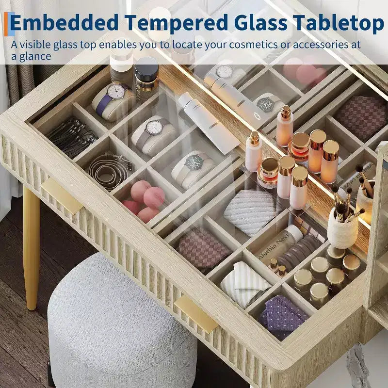 Coiffeuse avec miroir et lumières, table de maquillage LED 3 couleurs, 5 tiroirs, 3 étagères de rangement, prise électrique, pour chambre, Chêne