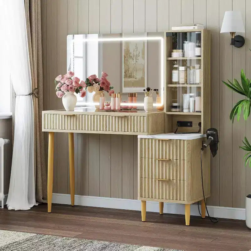 Coiffeuse avec miroir et lumières, table de maquillage LED 3 couleurs, 5 tiroirs, 3 étagères de rangement, prise électrique, pour chambre, Chêne