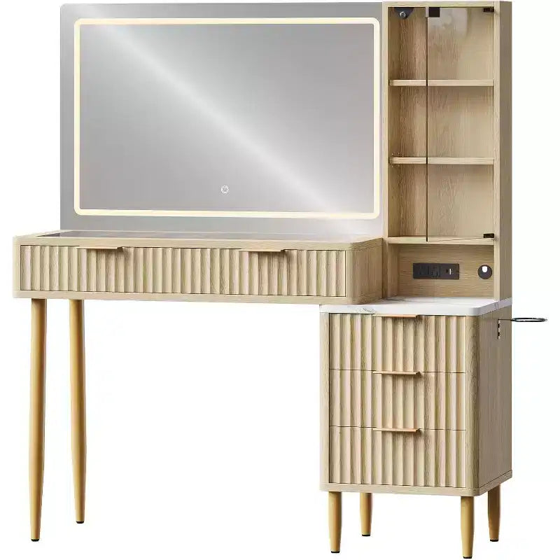 Coiffeuse avec miroir et lumières, table de maquillage LED 3 couleurs, 5 tiroirs, 3 étagères de rangement, prise électrique, pour chambre, Chêne