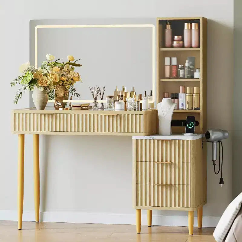Coiffeuse avec miroir et lumières, table de maquillage LED 3 couleurs, 5 tiroirs, 3 étagères de rangement, prise électrique, pour chambre, Chêne