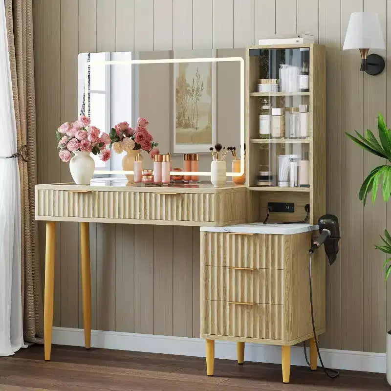 Coiffeuse avec miroir et lumières, table de maquillage LED 3 couleurs, 5 tiroirs, 3 étagères de rangement, prise électrique, pour chambre, Chêne