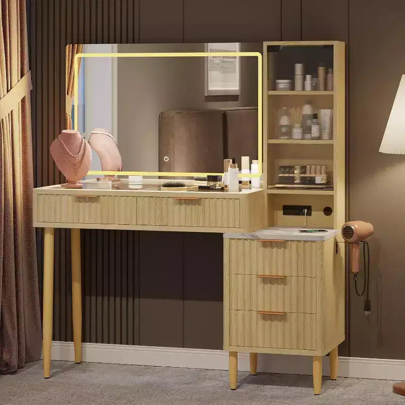 Coiffeuse avec miroir et lumières, table de maquillage LED 3 couleurs, 5 tiroirs, 3 étagères de rangement, prise électrique, pour chambre, Chêne