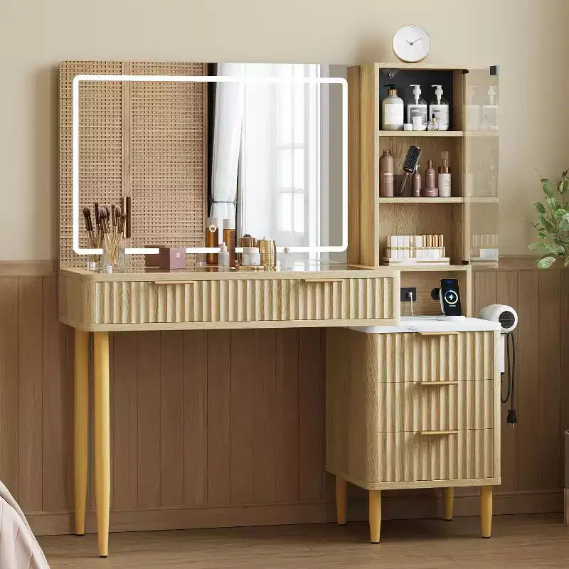Coiffeuse avec miroir et lumières, table de maquillage LED 3 couleurs, 5 tiroirs, 3 étagères de rangement, prise électrique, pour chambre, Chêne