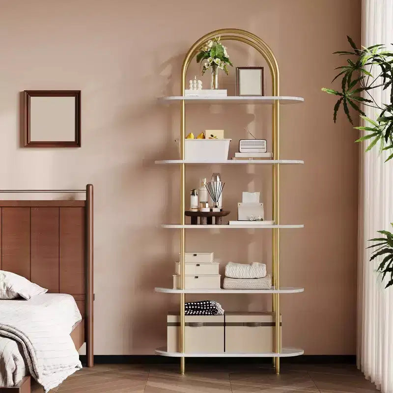 Étagère à 5 niveaux, bibliothèque arquée de 180 cm de haut, cadre en métal, étagère de présentation autoportante, pour chambre, salon, or et blanc
