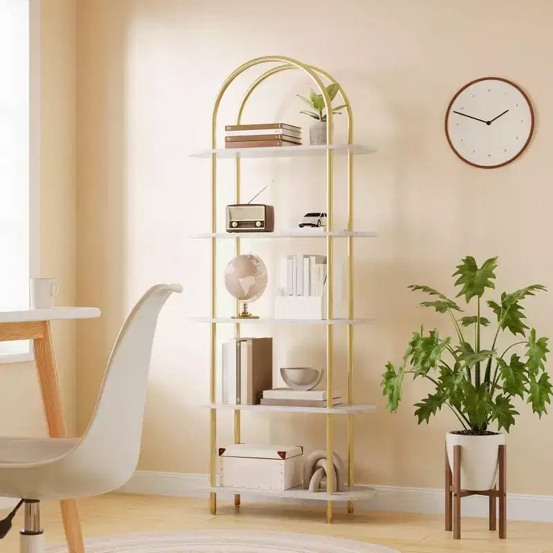 Étagère à 5 niveaux, bibliothèque arquée de 180 cm de haut, cadre en métal, étagère de présentation autoportante, pour chambre, salon, or et blanc
