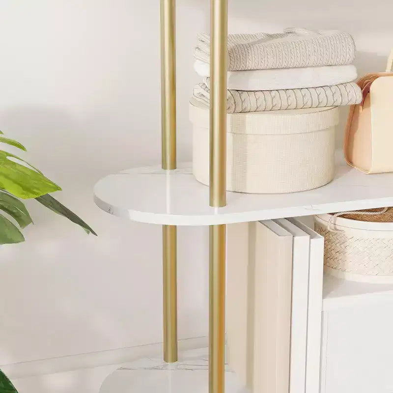Étagère à 5 niveaux, bibliothèque arquée de 180 cm de haut, cadre en métal, étagère de présentation autoportante, pour chambre, salon, or et blanc
