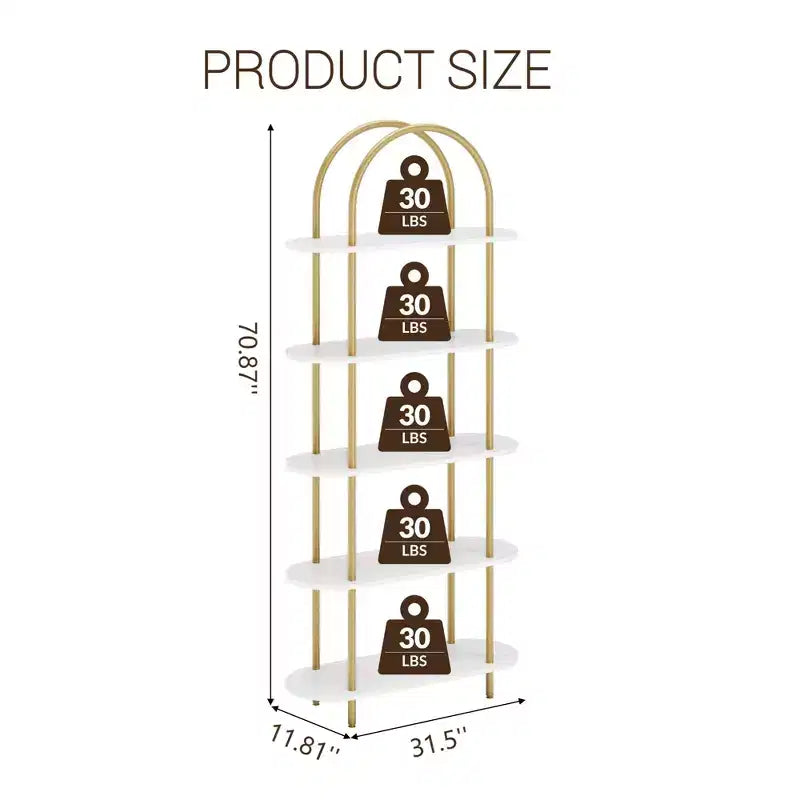 Étagère à 5 niveaux, bibliothèque arquée de 180 cm de haut, cadre en métal, étagère de présentation autoportante, pour chambre, salon, or et blanc