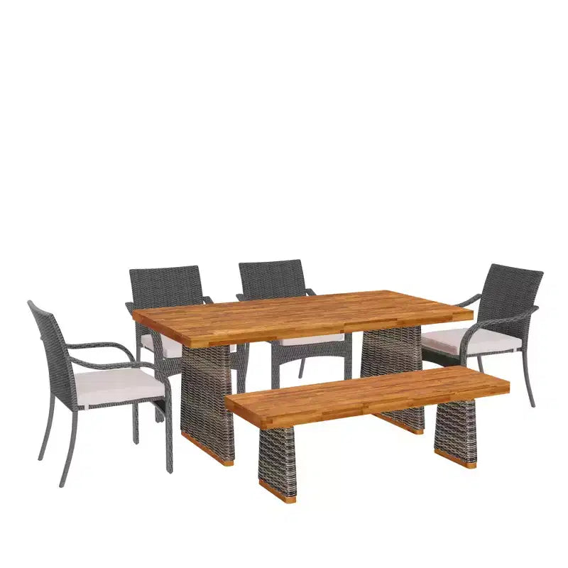 Ensemble repas 6 pièces en rotin d'extérieur et bois d'acacia avec coussins