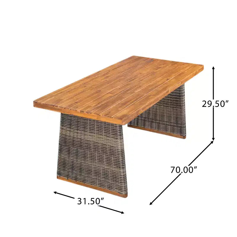Ensemble repas 6 pièces en rotin d'extérieur et bois d'acacia avec coussins