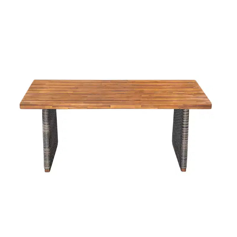 Ensemble repas 6 pièces en rotin d'extérieur et bois d'acacia avec coussins