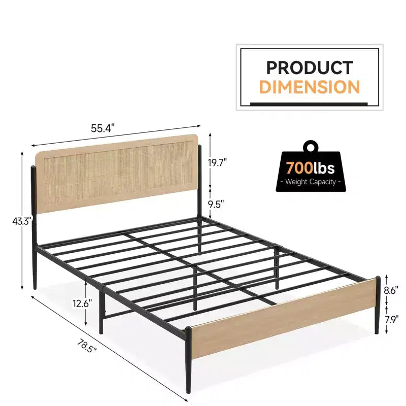 Cadre de lit Queen Size avec tête de lit en rotin - Lit plateforme de style Bohème avec rangement sous le lit, sommier tapissier non requis