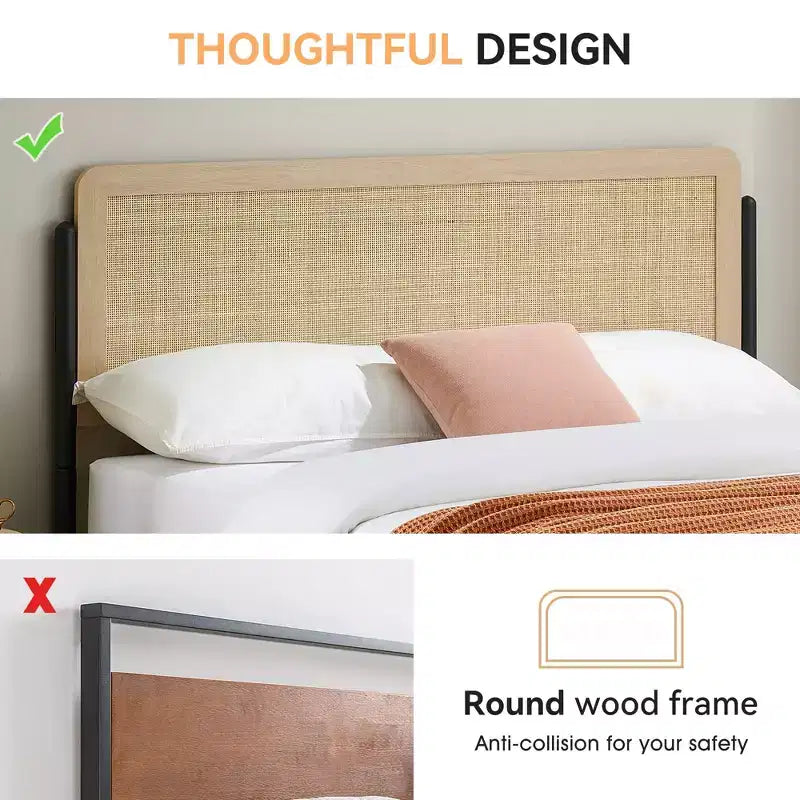 Cadre de lit Queen Size avec tête de lit en rotin - Lit plateforme de style Bohème avec rangement sous le lit, sommier tapissier non requis
