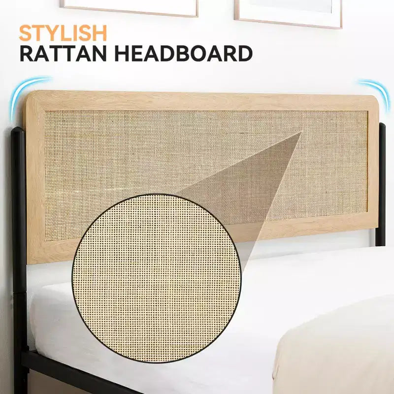 Cadre de lit Queen Size avec tête de lit en rotin - Lit plateforme de style Bohème avec rangement sous le lit, sommier tapissier non requis