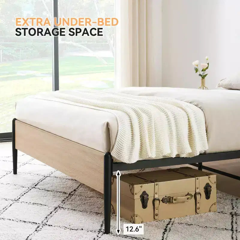Cadre de lit Queen Size avec tête de lit en rotin - Lit plateforme de style Bohème avec rangement sous le lit, sommier tapissier non requis