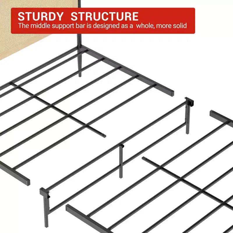 Cadre de lit Queen Size avec tête de lit en rotin - Lit plateforme de style Bohème avec rangement sous le lit, sommier tapissier non requis