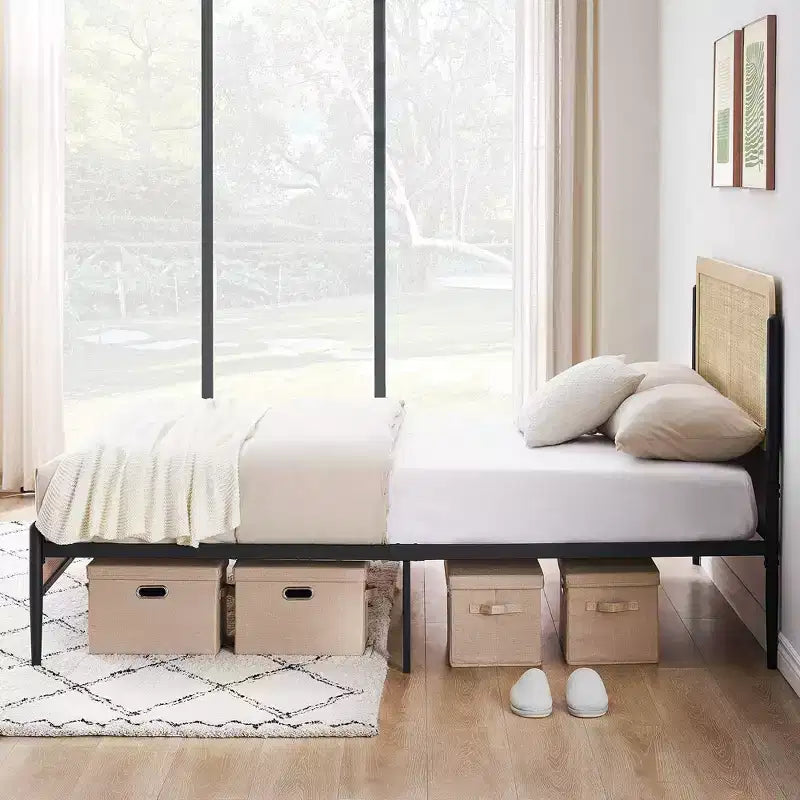 Cadre de lit Queen Size avec tête de lit en rotin - Lit plateforme de style Bohème avec rangement sous le lit, sommier tapissier non requis