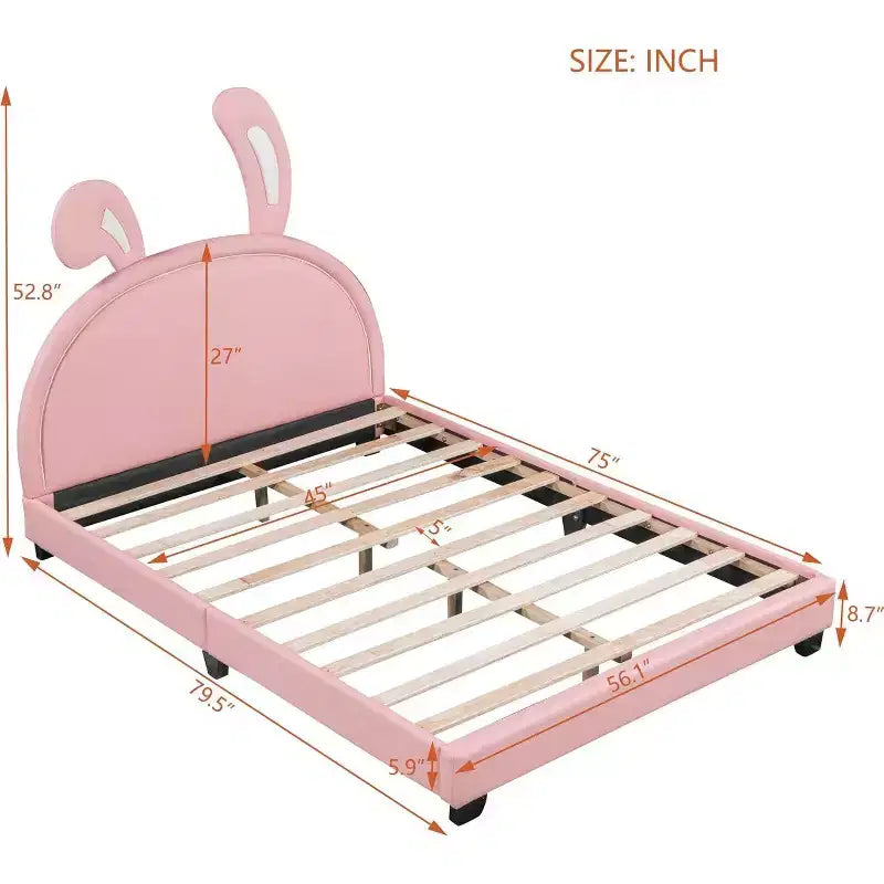 Cadre de lit plateforme capitonné pleine grandeur avec tête de lit à oreilles, accent lapin pour enfants, support à lattes, rose