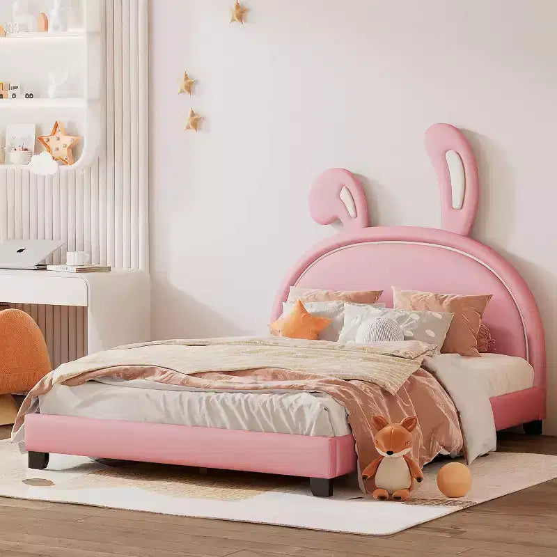 Cadre de lit plateforme capitonné pleine grandeur avec tête de lit à oreilles, accent lapin pour enfants, support à lattes, rose
