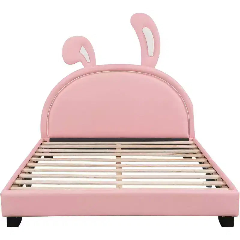 Cadre de lit plateforme capitonné pleine grandeur avec tête de lit à oreilles, accent lapin pour enfants, support à lattes, rose