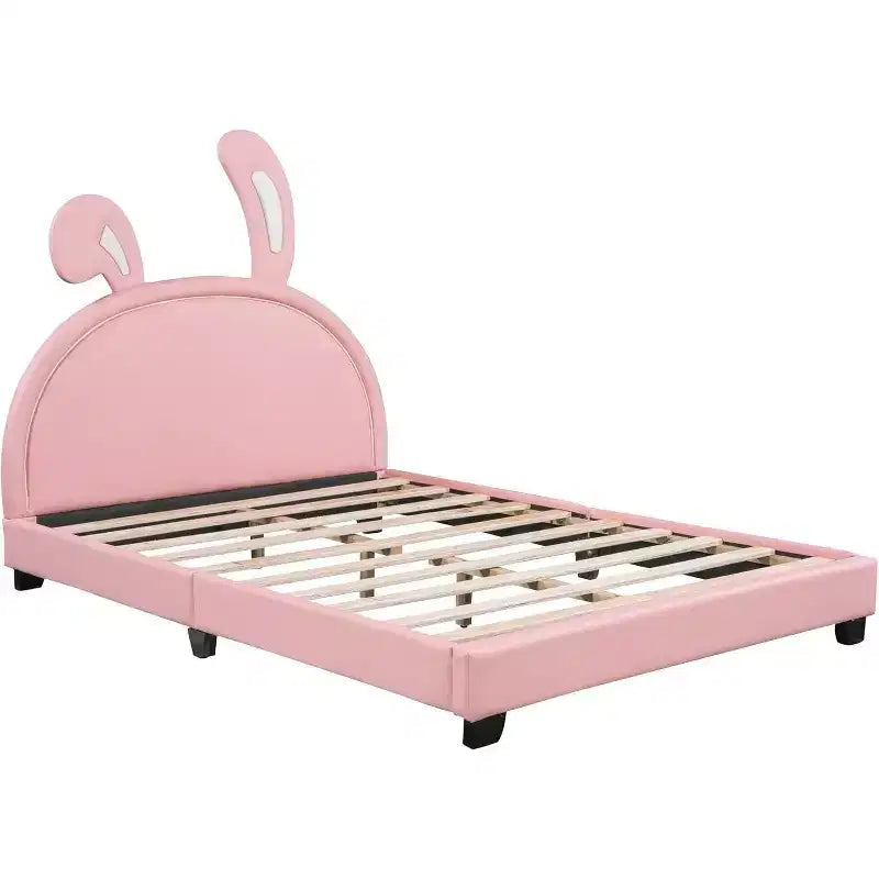 Cadre de lit plateforme capitonné pleine grandeur avec tête de lit à oreilles, accent lapin pour enfants, support à lattes, rose