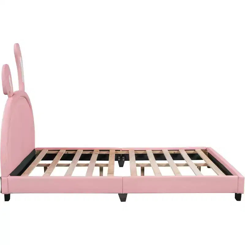 Cadre de lit plateforme capitonné pleine grandeur avec tête de lit à oreilles, accent lapin pour enfants, support à lattes, rose