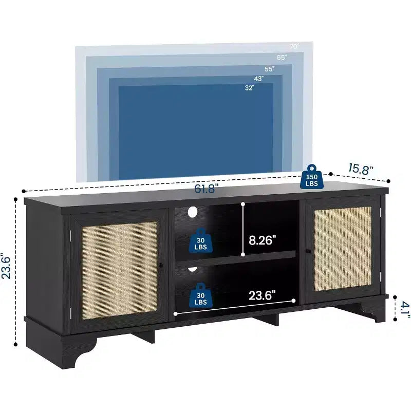 Meuble TV en rotin pour téléviseurs jusqu'à 70 pouces, meuble de divertissement avec 2 placards et étagères ouvertes, console multimédia en bois pour salon