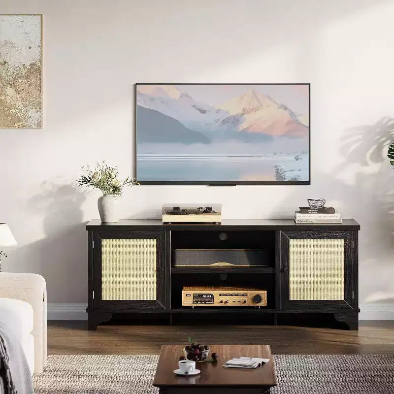 Meuble TV en rotin pour téléviseurs jusqu'à 70 pouces, meuble de divertissement avec 2 placards et étagères ouvertes, console multimédia en bois pour salon