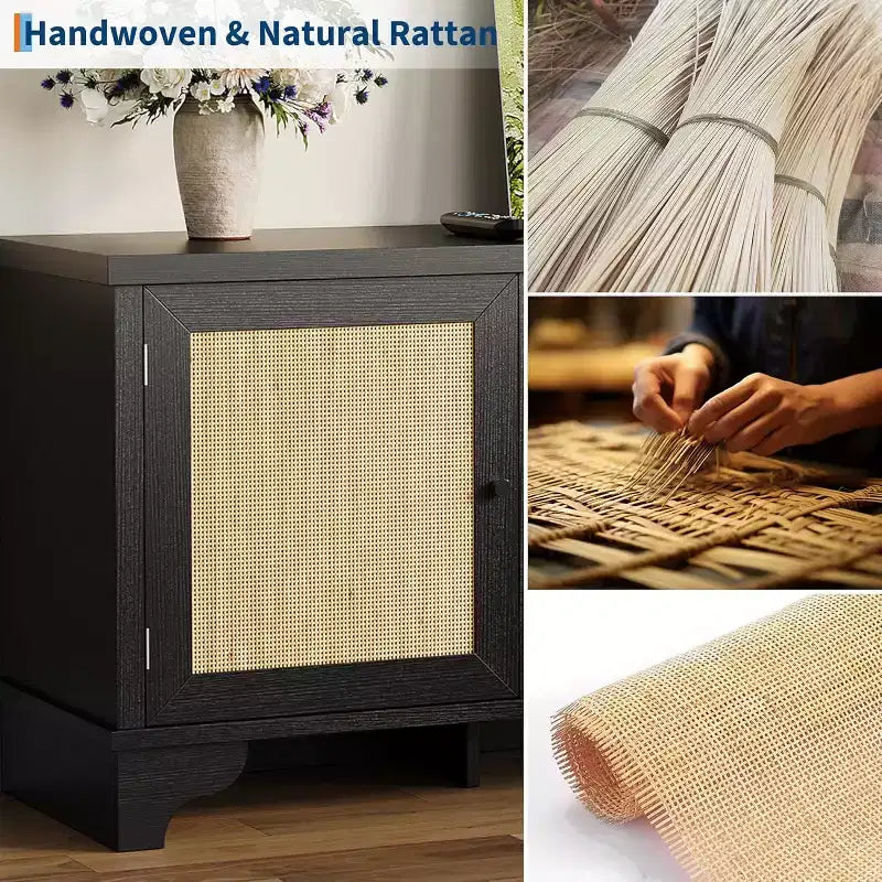 Meuble TV en rotin pour téléviseurs jusqu'à 70 pouces, meuble de divertissement avec 2 placards et étagères ouvertes, console multimédia en bois pour salon