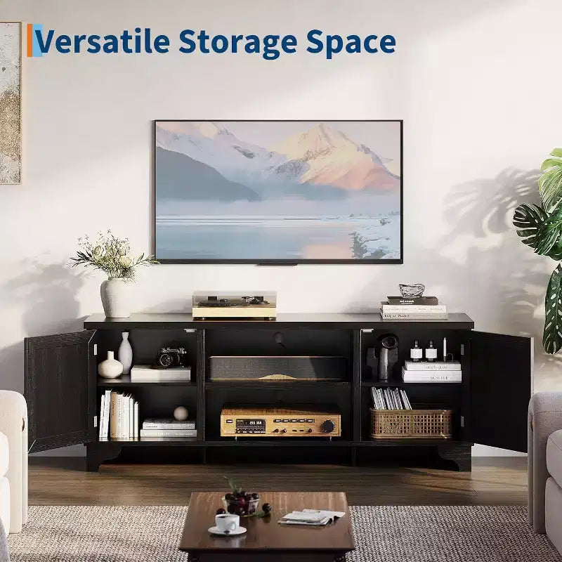 Meuble TV en rotin pour téléviseurs jusqu'à 70 pouces, meuble de divertissement avec 2 placards et étagères ouvertes, console multimédia en bois pour salon