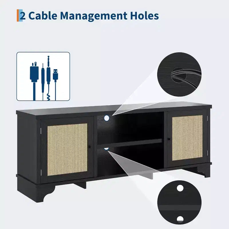 Meuble TV en rotin pour téléviseurs jusqu'à 70 pouces, meuble de divertissement avec 2 placards et étagères ouvertes, console multimédia en bois pour salon