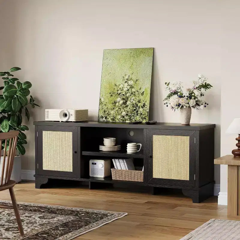 Meuble TV en rotin pour téléviseurs jusqu'à 70 pouces, meuble de divertissement avec 2 placards et étagères ouvertes, console multimédia en bois pour salon