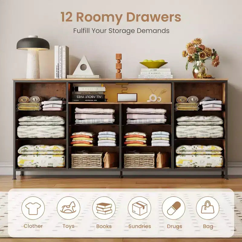 Commode en tissu à 12 tiroirs, commode étroite avec station de charge, lumières LED et cadre en métal, organisateur de rangement de vêtements moderne