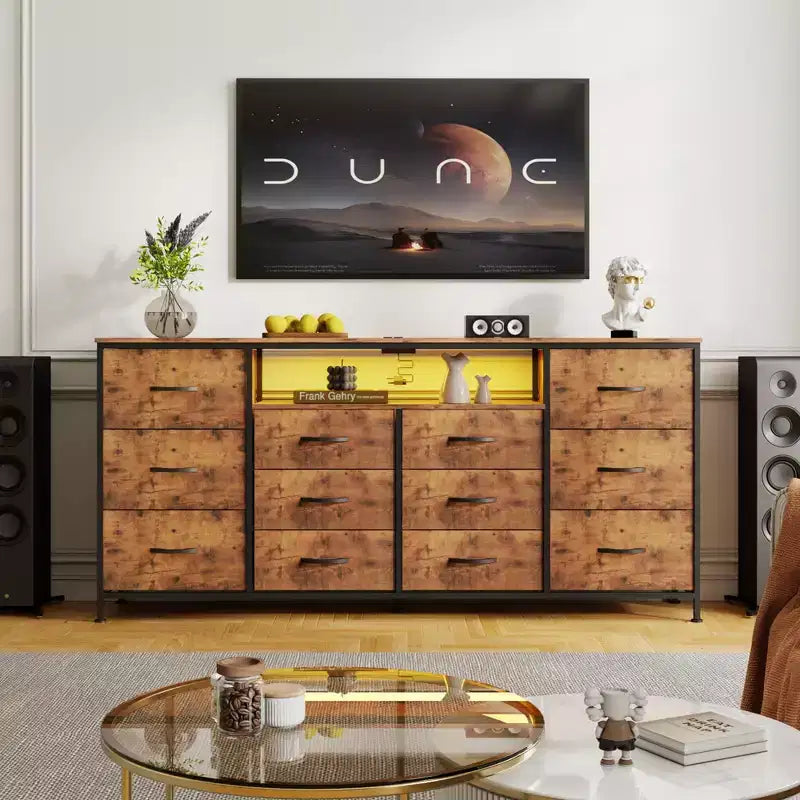 Commode en tissu à 12 tiroirs, commode étroite avec station de charge, lumières LED et cadre en métal, organisateur de rangement de vêtements moderne