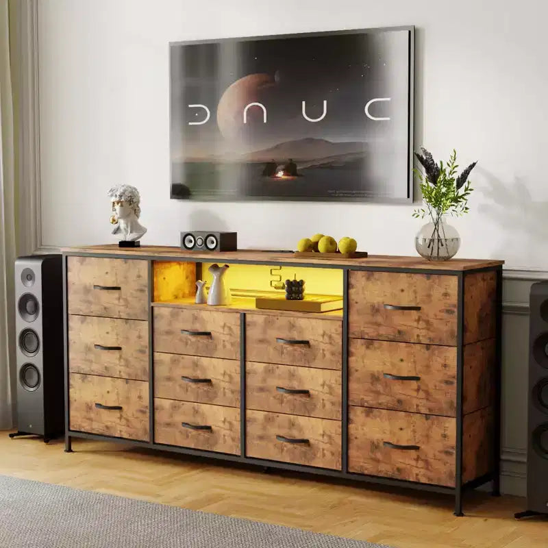 Commode en tissu à 12 tiroirs, commode étroite avec station de charge, lumières LED et cadre en métal, organisateur de rangement de vêtements moderne