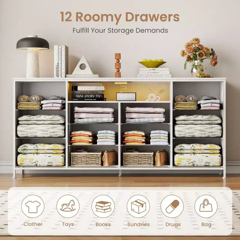 Commode en tissu à 12 tiroirs, commode étroite avec station de charge, lumières LED et cadre en métal, organisateur de rangement de vêtements moderne
