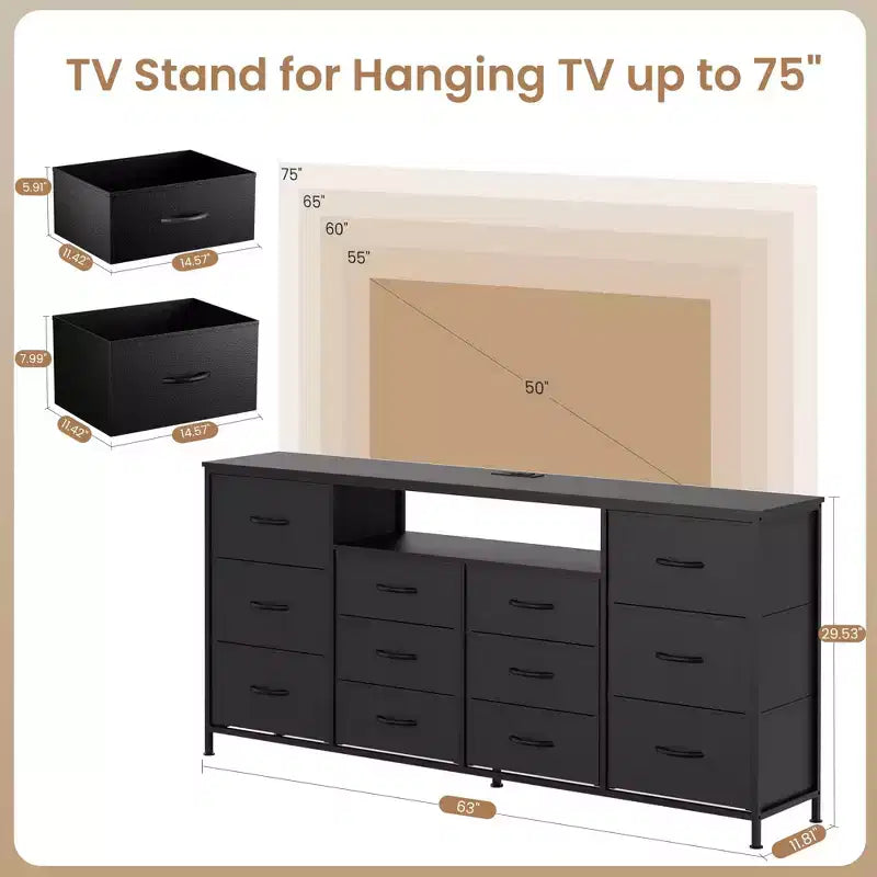 Commode en tissu à 12 tiroirs, commode étroite avec station de charge, lumières LED et cadre en métal, organisateur de rangement de vêtements moderne