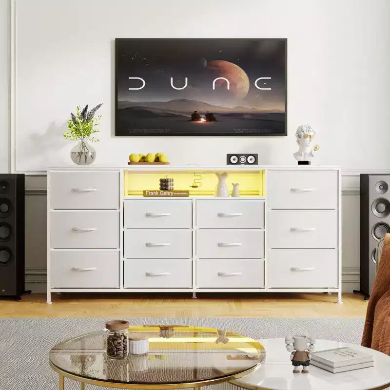Commode en tissu à 12 tiroirs, commode étroite avec station de charge, lumières LED et cadre en métal, organisateur de rangement de vêtements moderne