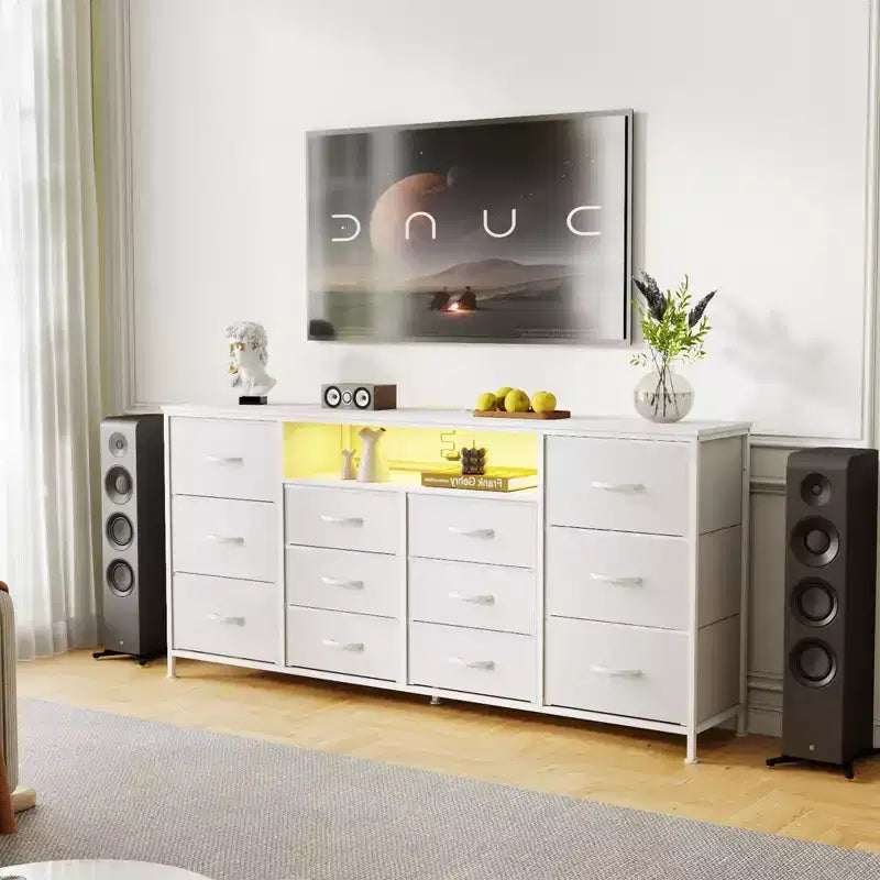 Commode en tissu à 12 tiroirs, commode étroite avec station de charge, lumières LED et cadre en métal, organisateur de rangement de vêtements moderne