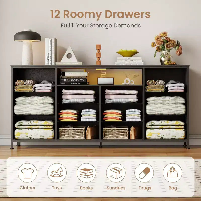 Commode en tissu à 12 tiroirs, commode étroite avec station de charge, lumières LED et cadre en métal, organisateur de rangement de vêtements moderne
