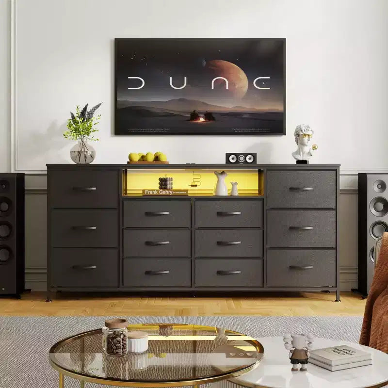 Commode en tissu à 12 tiroirs, commode étroite avec station de charge, lumières LED et cadre en métal, organisateur de rangement de vêtements moderne