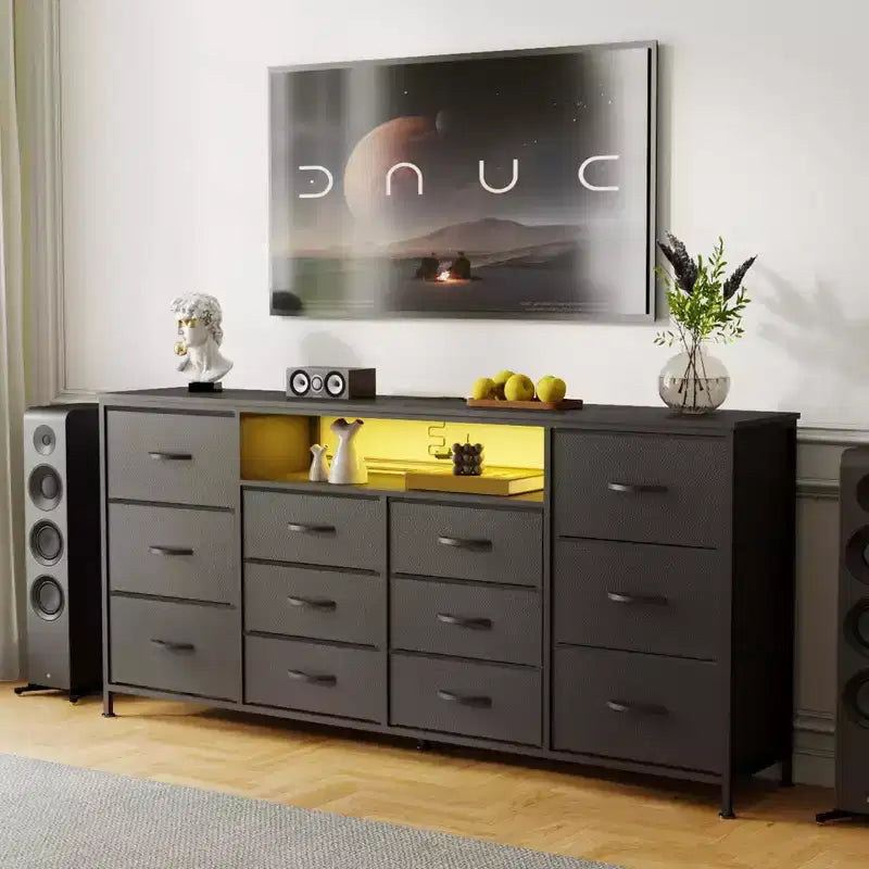 Commode en tissu à 12 tiroirs, commode étroite avec station de charge, lumières LED et cadre en métal, organisateur de rangement de vêtements moderne